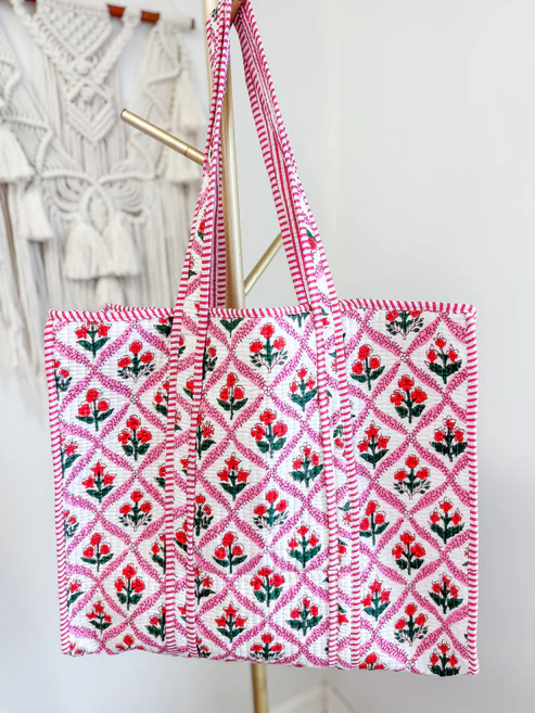 Raja Quilted Tote - Red Daisy