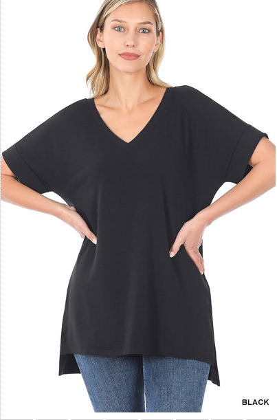 Sunset Travels Cuff Sleeve V-Neck Top (Black)