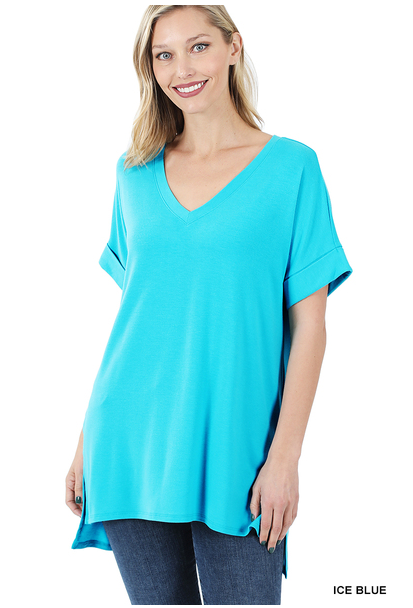 Sunset Travels Cuff Sleeve V-Neck Top (Icy Blue)