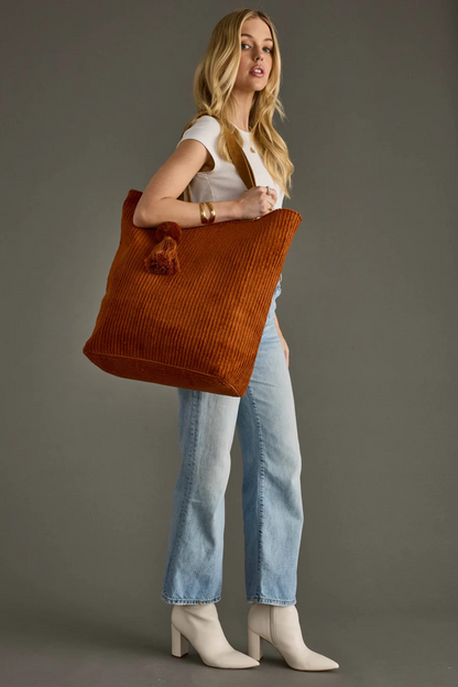 The Autumn Rambler Tote | Corduroy Tote with Pom Tassel