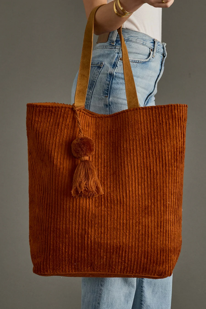 The Autumn Rambler Tote | Corduroy Tote with Pom Tassel