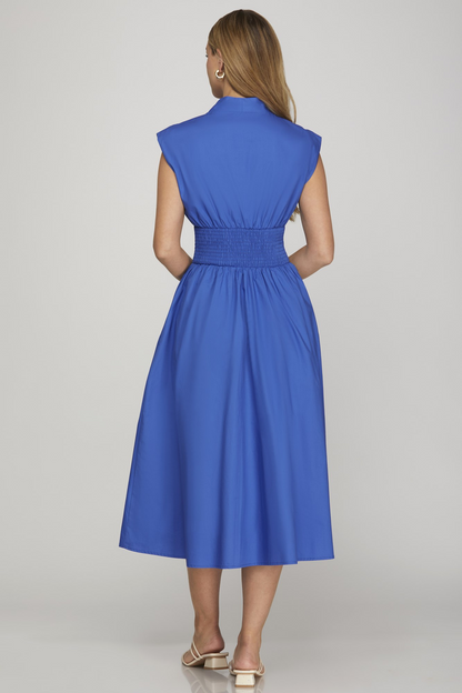 Monroe Smocked Waist Zipper Midi Dress - Blue - Delta Swanky Girl