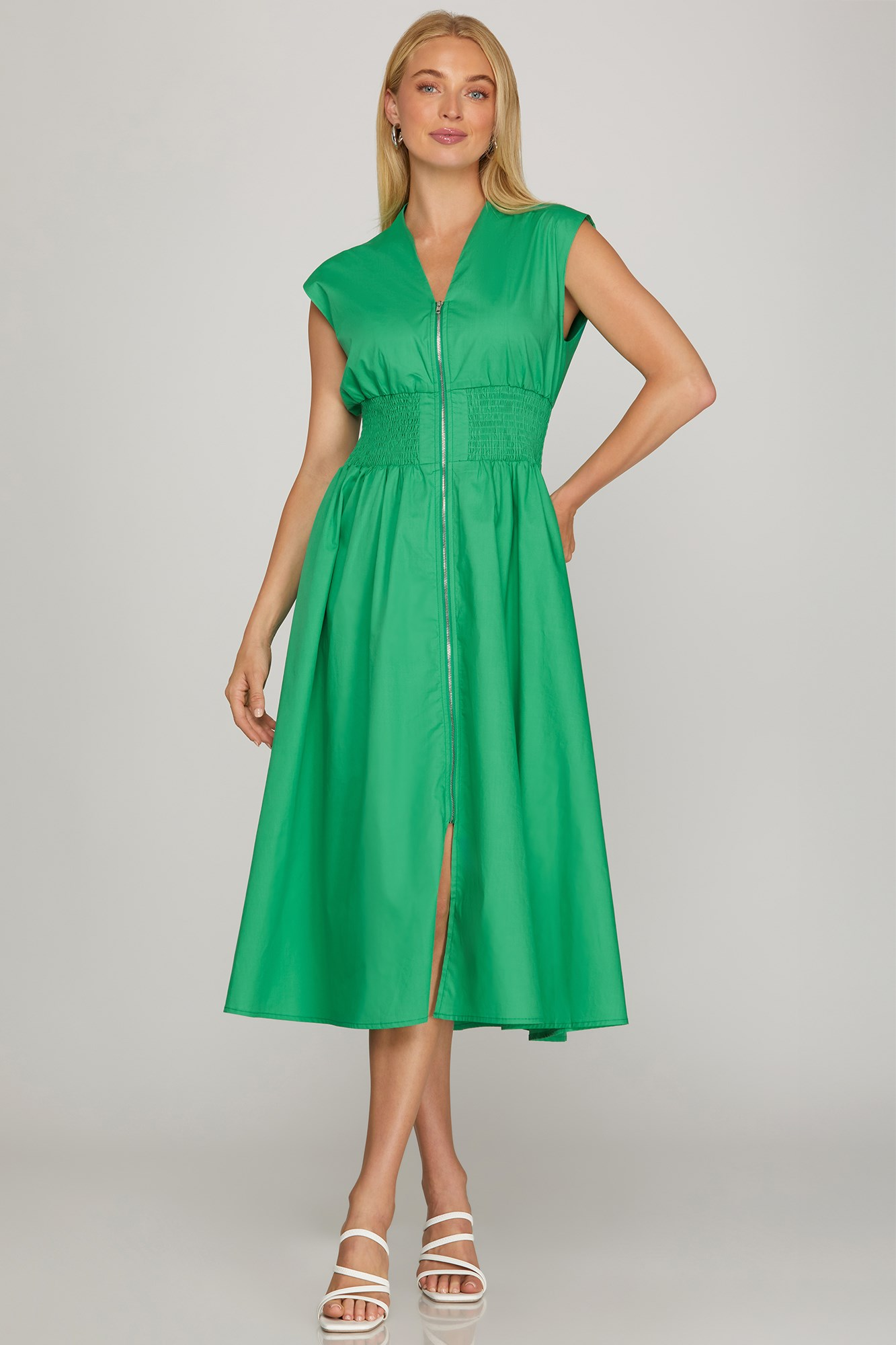 Monroe Smocked Waist Zipper Midi Dress - Green - Delta Swanky Girl