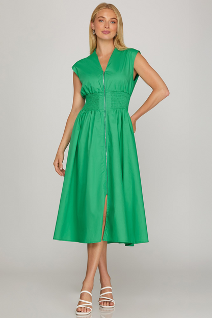 Monroe Smocked Waist Zipper Midi Dress - Green - Delta Swanky Girl