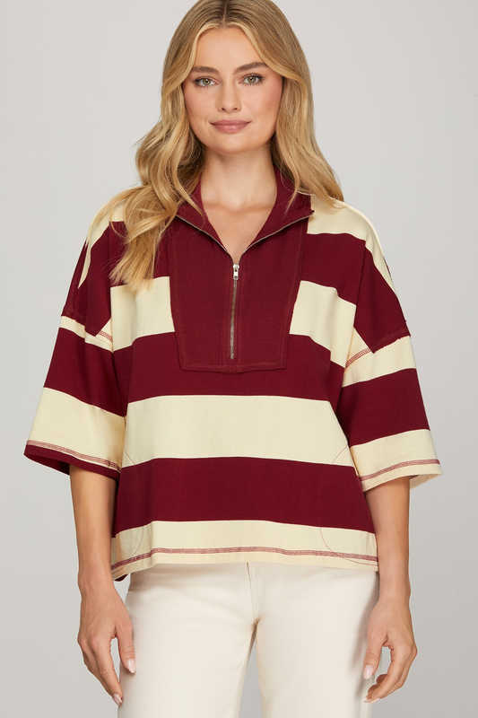 Frisco Fringe Striped Zipper Top - Burgundy