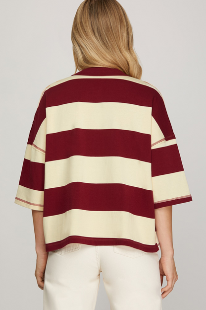 Frisco Fringe Striped Zipper Top - Burgundy