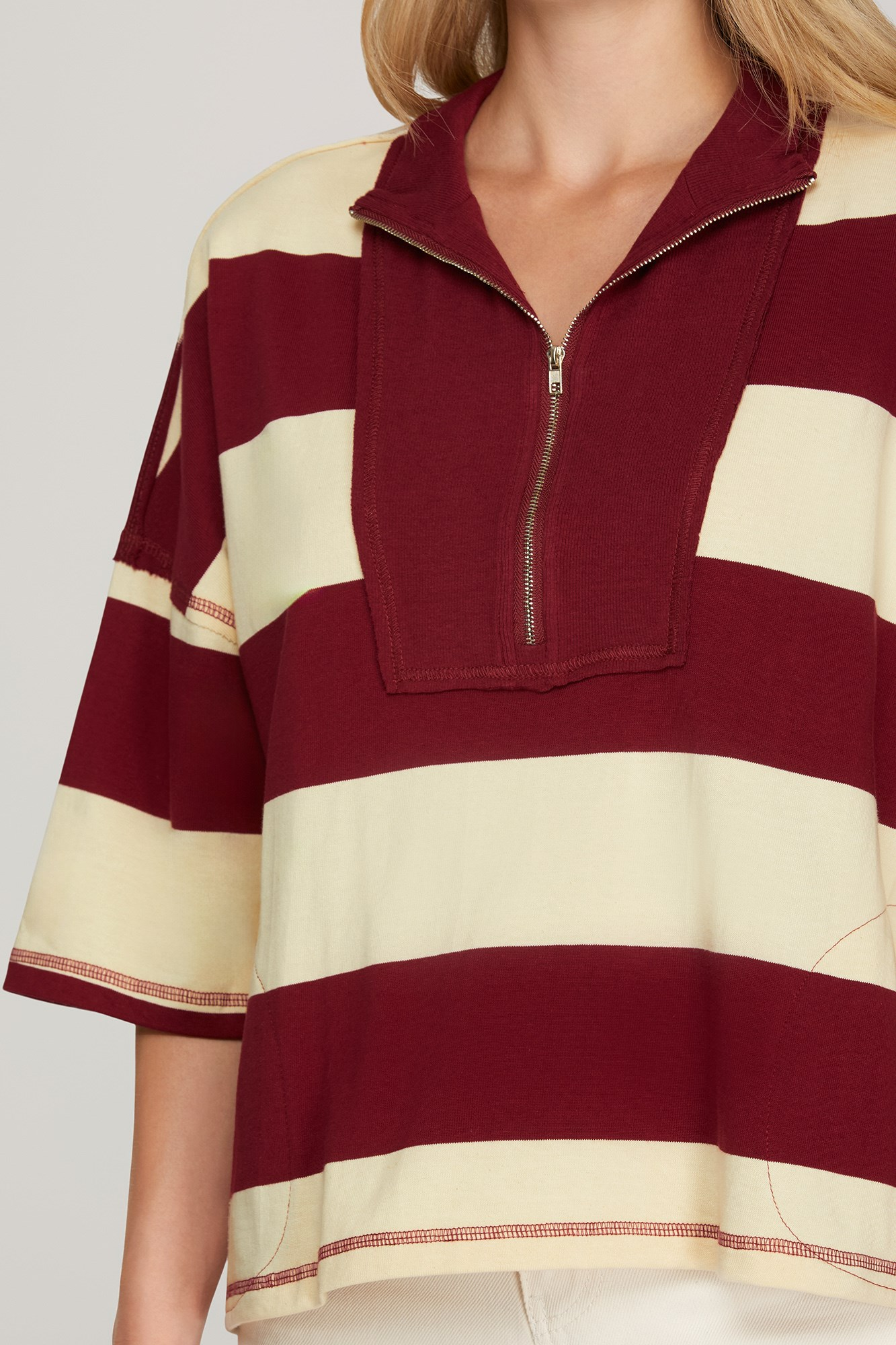 Frisco Fringe Striped Zipper Top - Burgundy