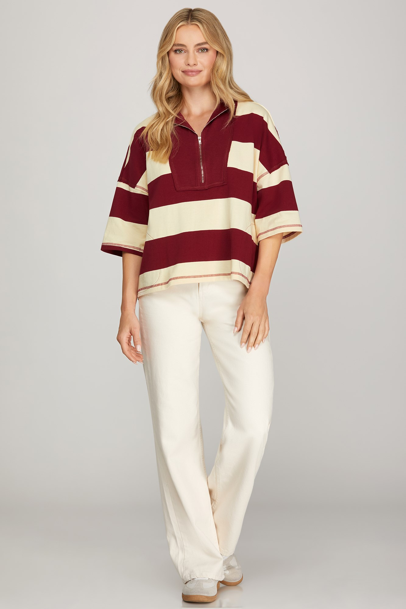 Frisco Fringe Striped Zipper Top - Burgundy