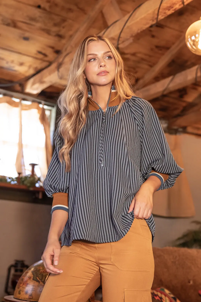 Fall Varsity Stripe Dolman Top - Navy
