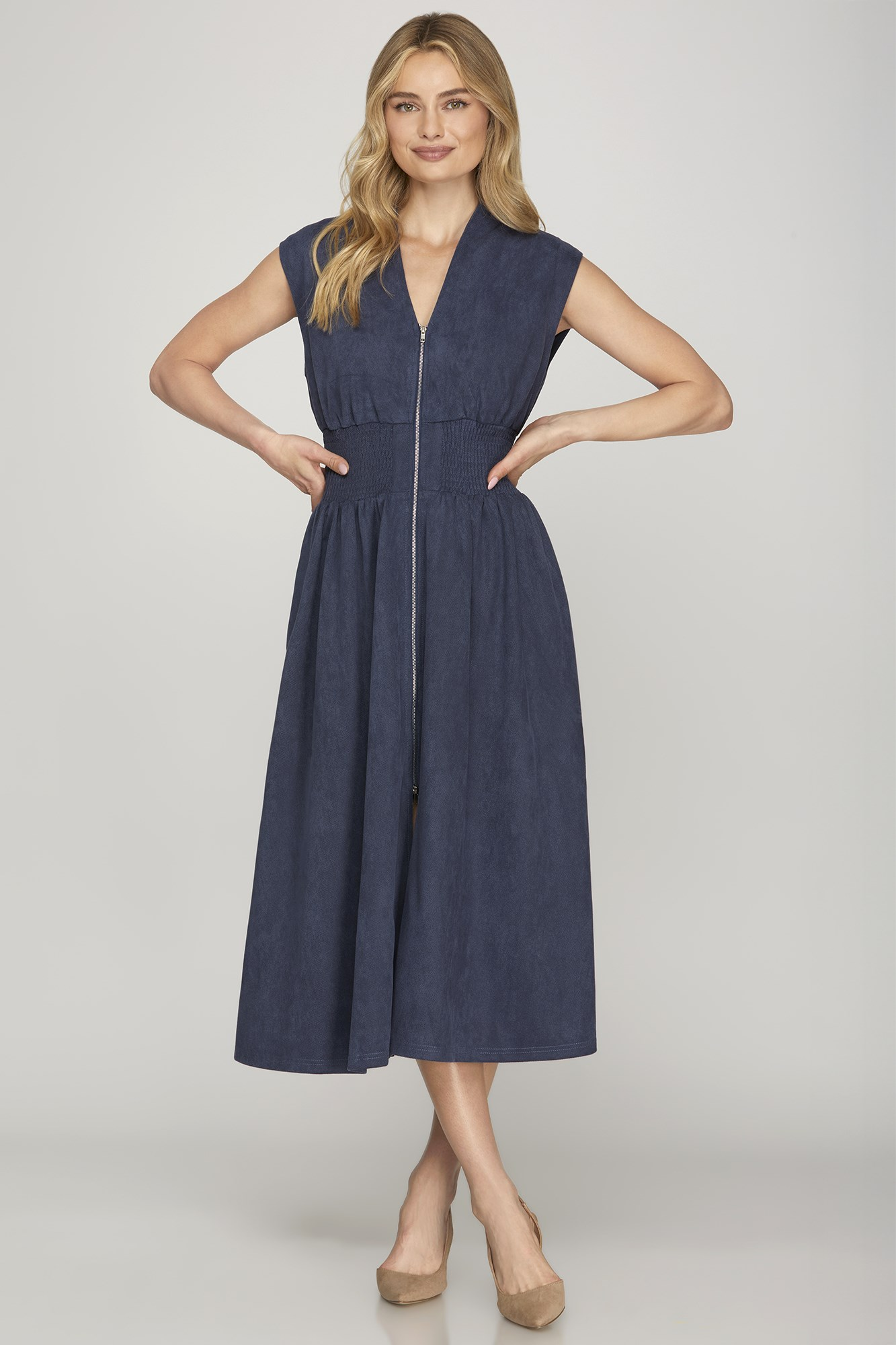 Belle Zip Front Suede Midi Dress - Denim Blue