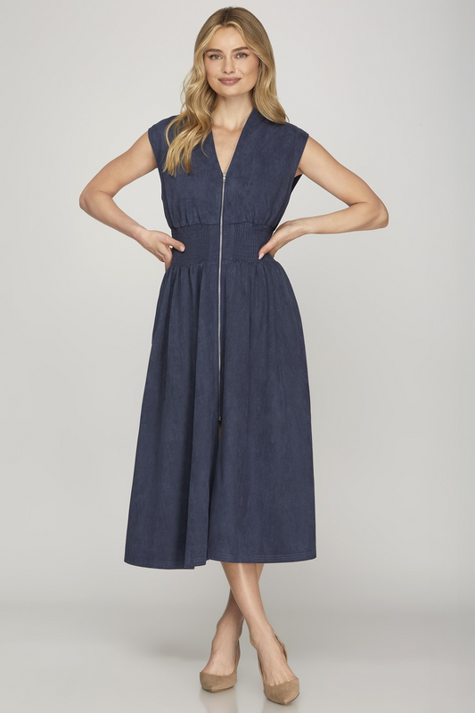 Belle Zip Front Suede Midi Dress - Denim Blue