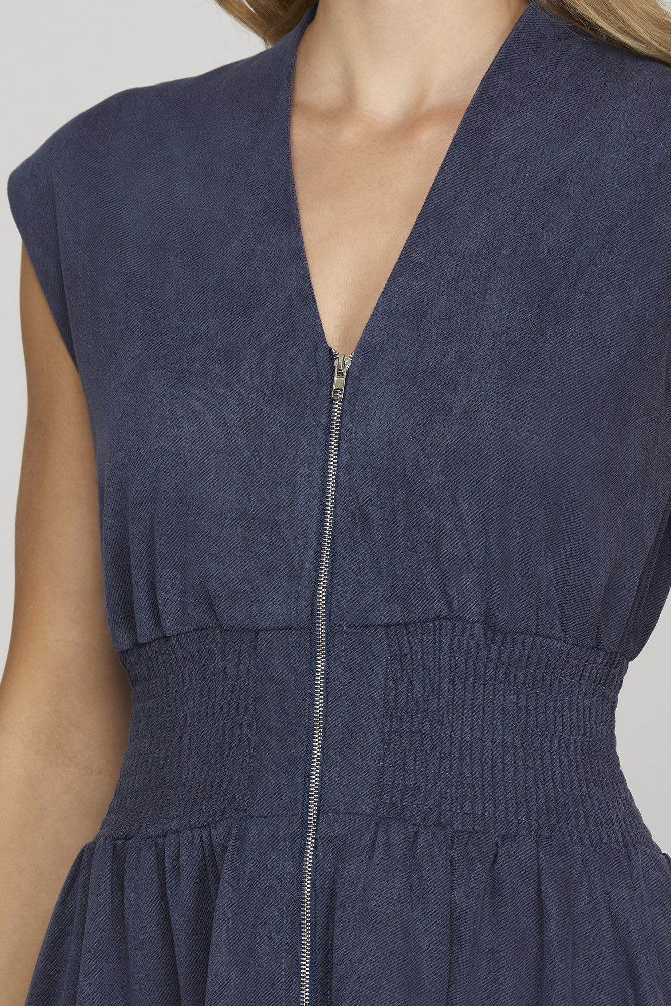 Belle Zip Front Suede Midi Dress - Denim Blue