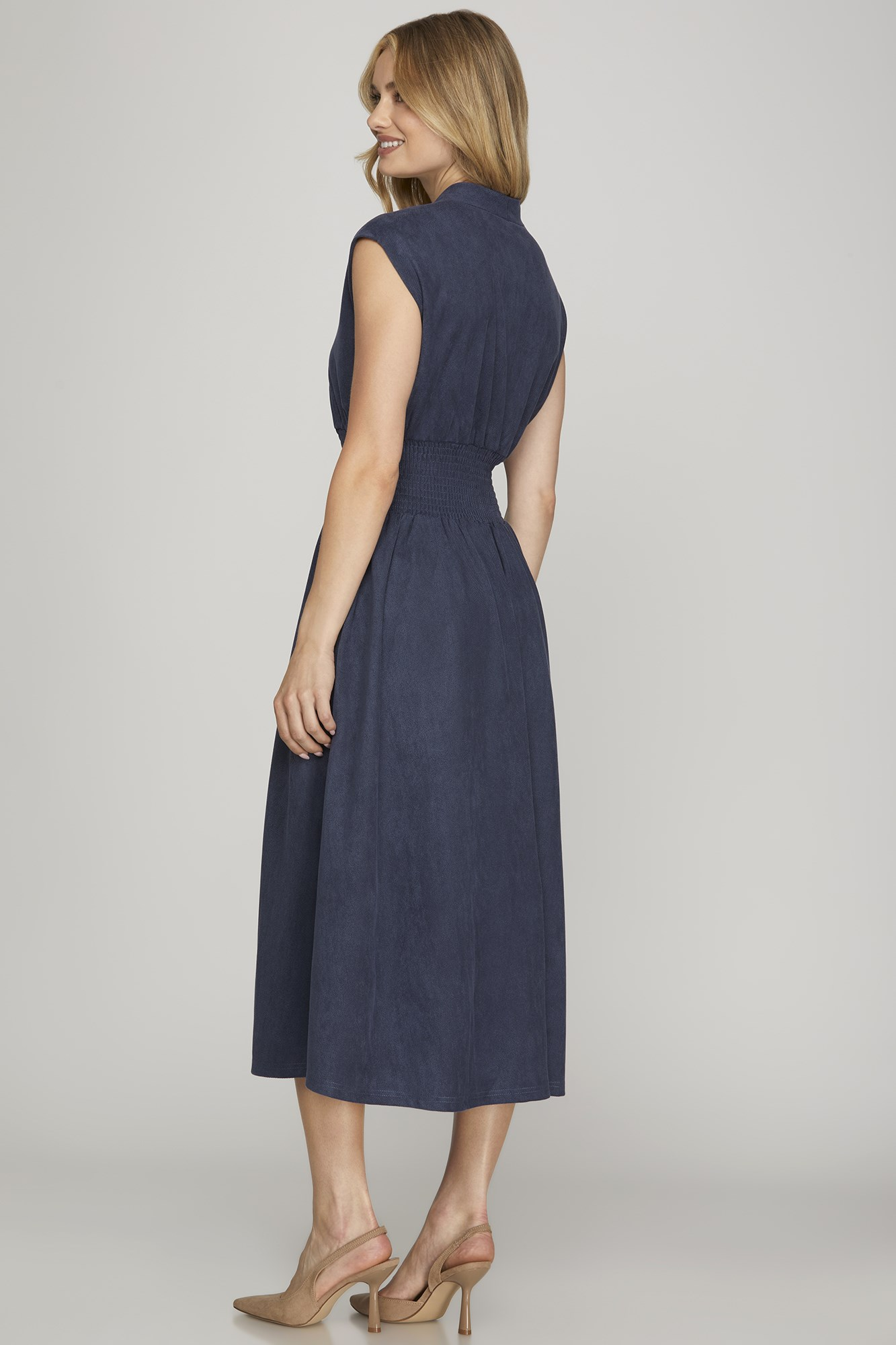 Belle Zip Front Suede Midi Dress - Denim Blue