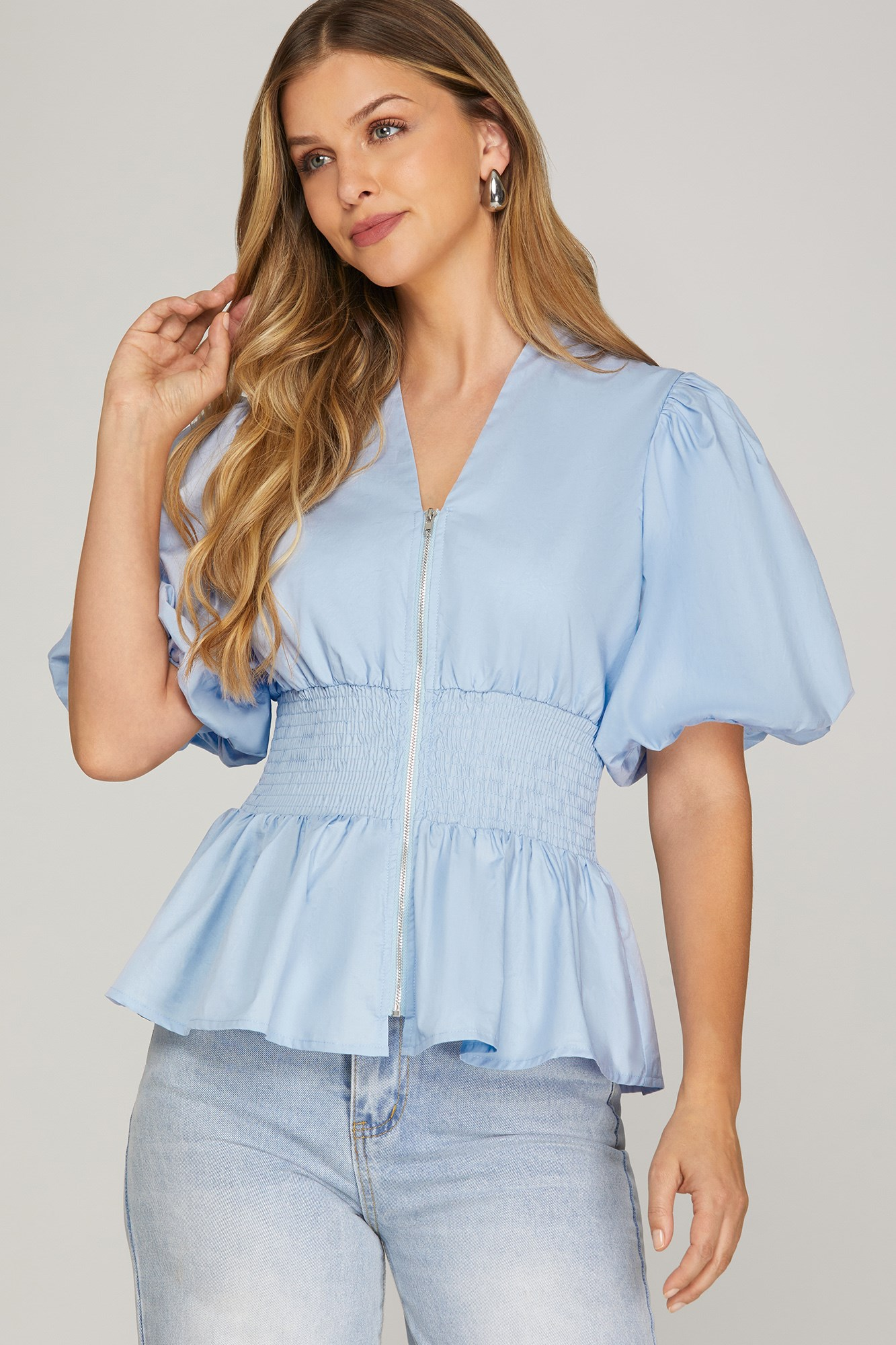 Malone Smocked Zipper Front Top - Blue - Delta Swanky Girl
