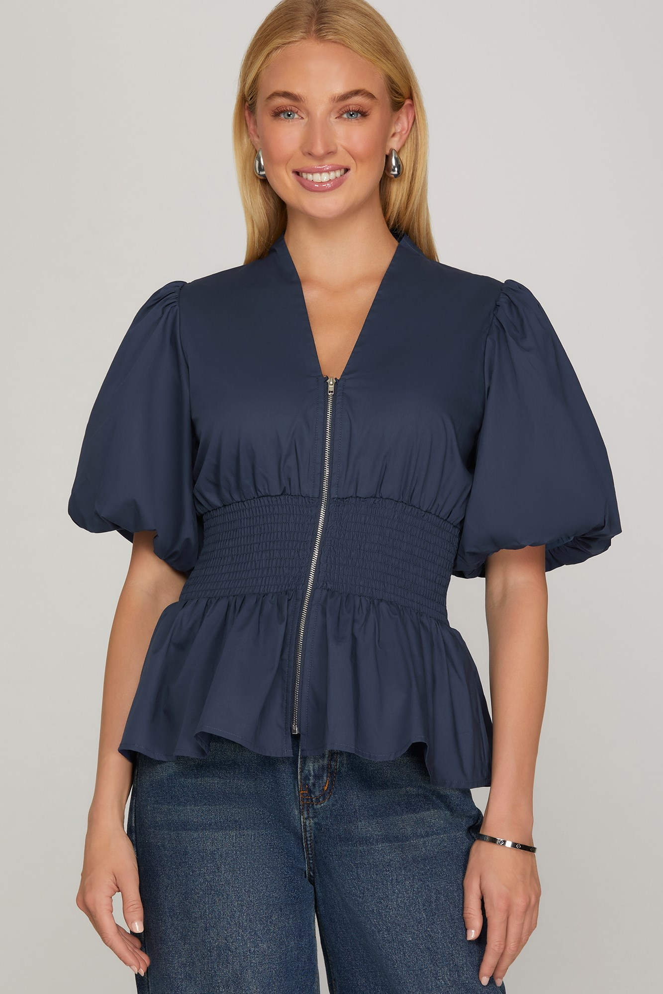 Malone Smocked Zipper Front Top - Navy - Delta Swanky Girl