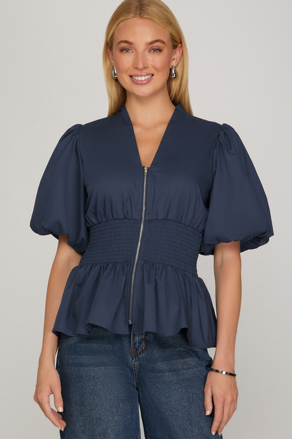 Malone Smocked Zipper Front Top - Navy - Delta Swanky Girl