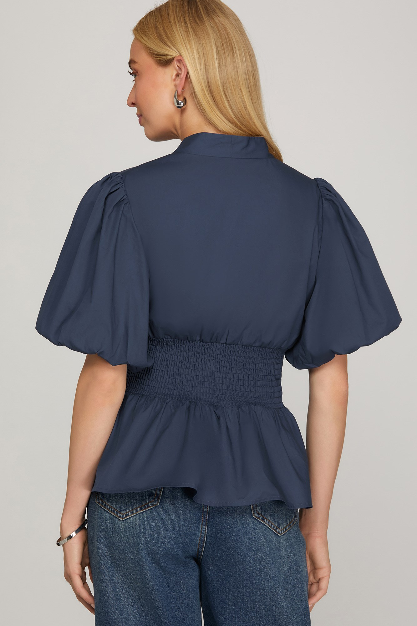 Malone Smocked Zipper Front Top - Navy - Delta Swanky Girl