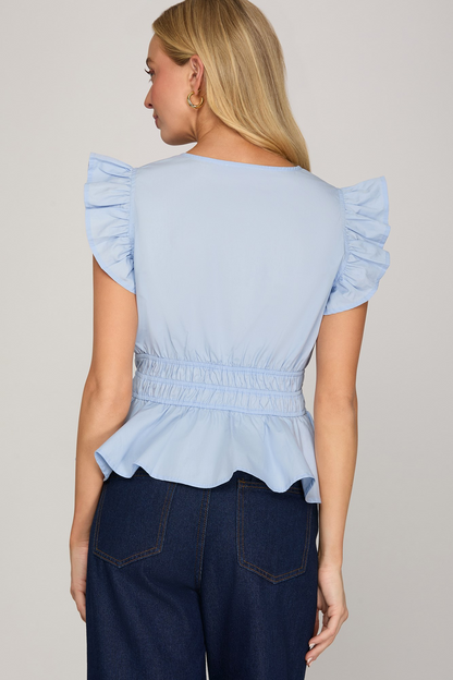 Leylani Ruffle Sleeve Peplum Top - Blue - Delta Swanky Girl