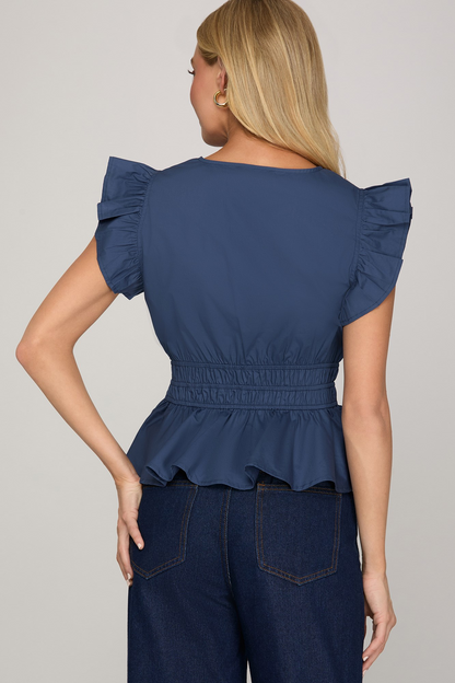 Leylani Ruffle Sleeve Peplum Top - Navy - Delta Swanky Girl