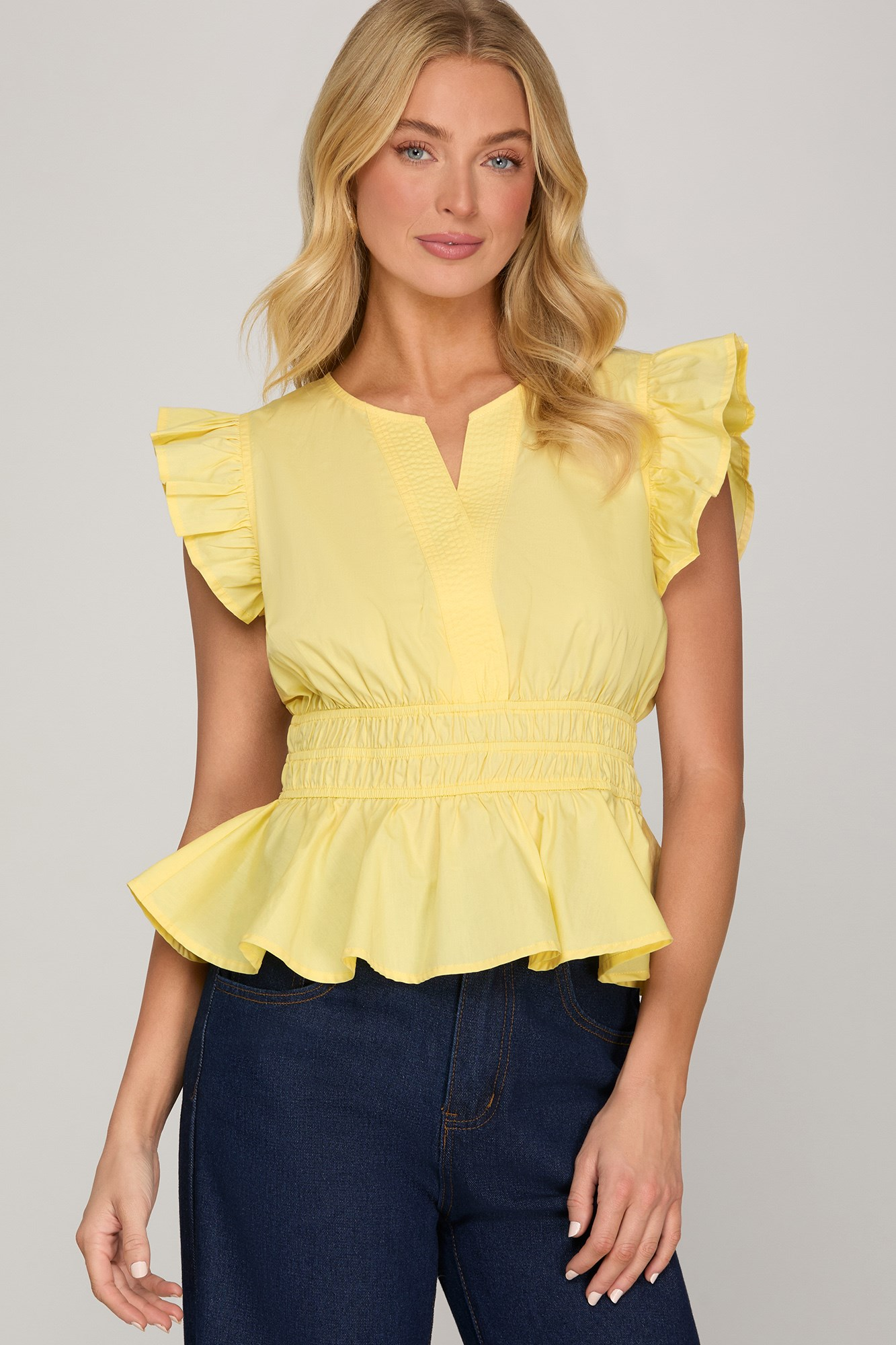 Leylani Ruffle Sleeve Peplum Top - Yellow - Delta Swanky Girl