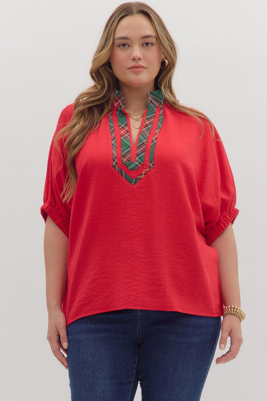 Curvy Noel Plaid Dolman Top - Red