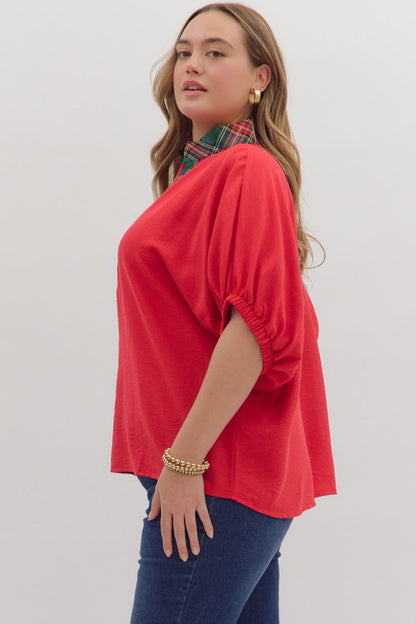 Curvy Noel Plaid Dolman Top - Red
