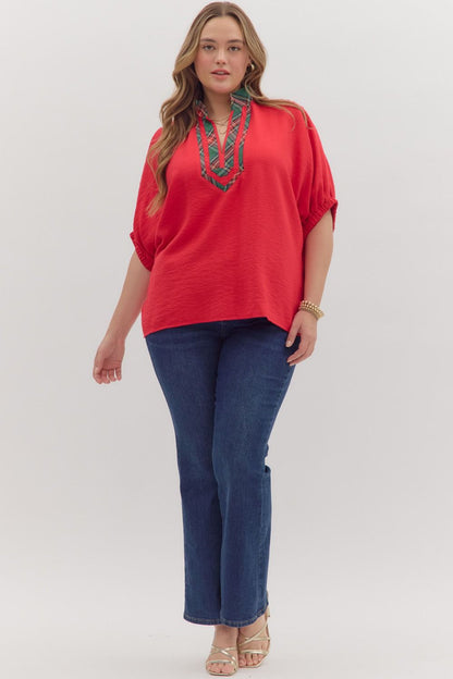 Curvy Noel Plaid Dolman Top - Red