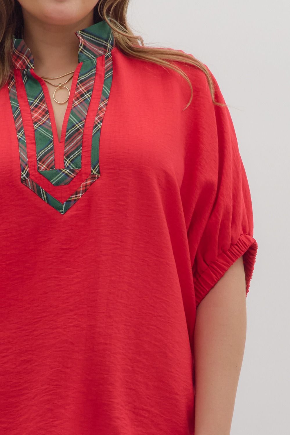 Curvy Noel Plaid Dolman Top - Red