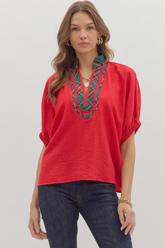 Noel Plaid Dolman Top - Red
