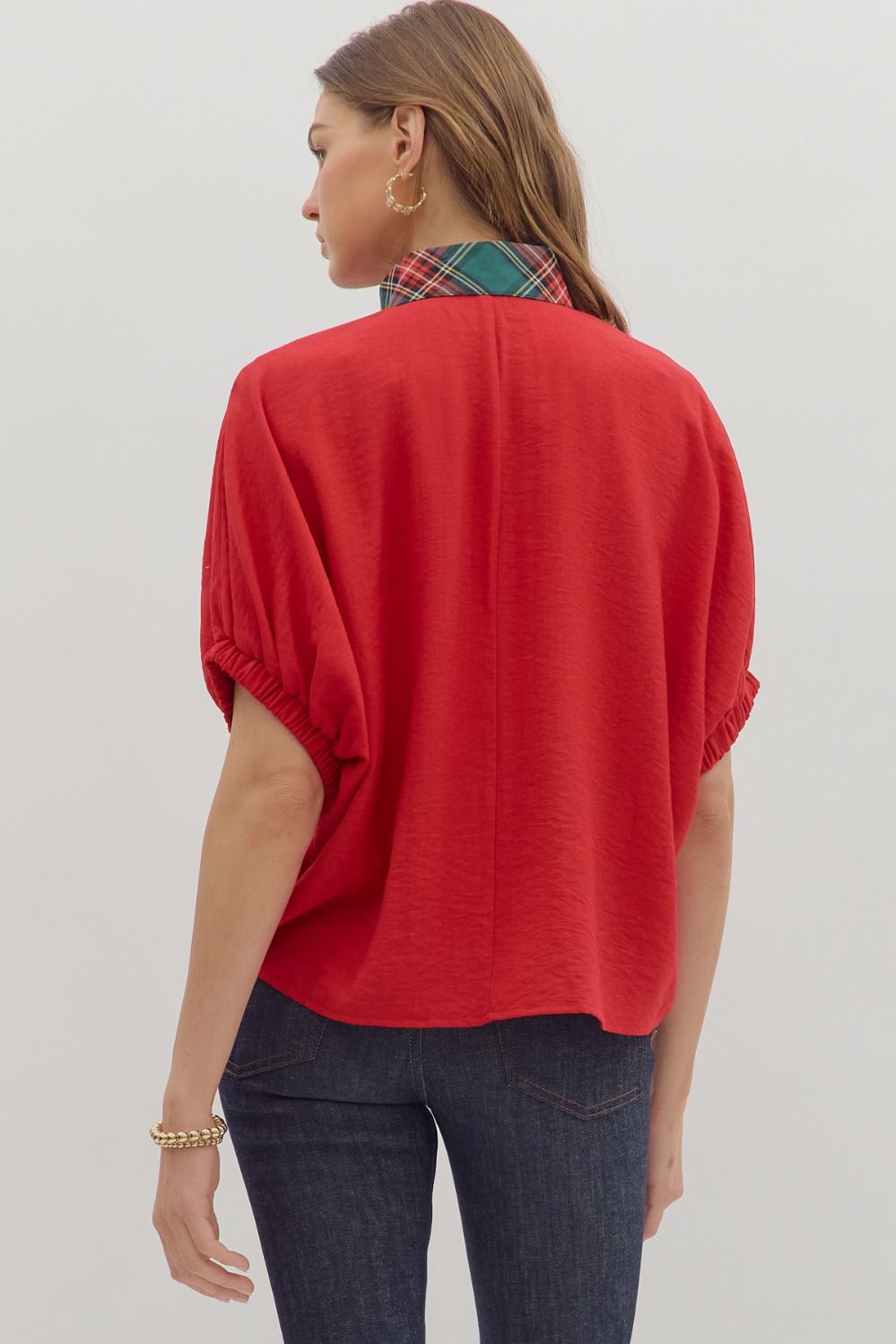 Noel Plaid Dolman Top - Red