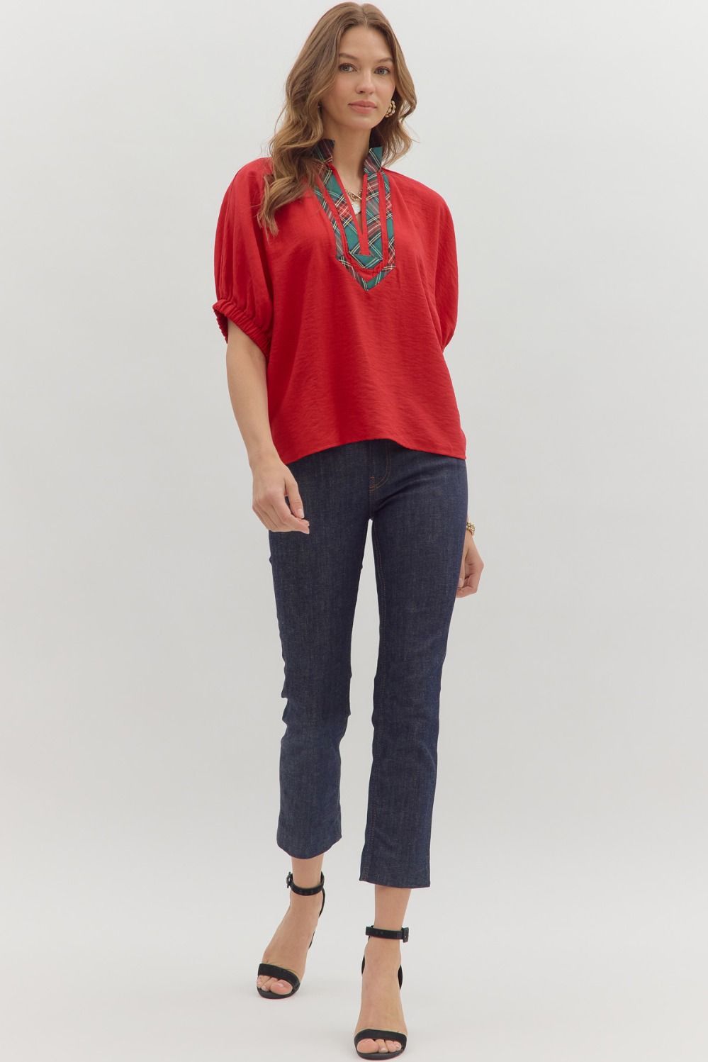 Noel Plaid Dolman Top - Red