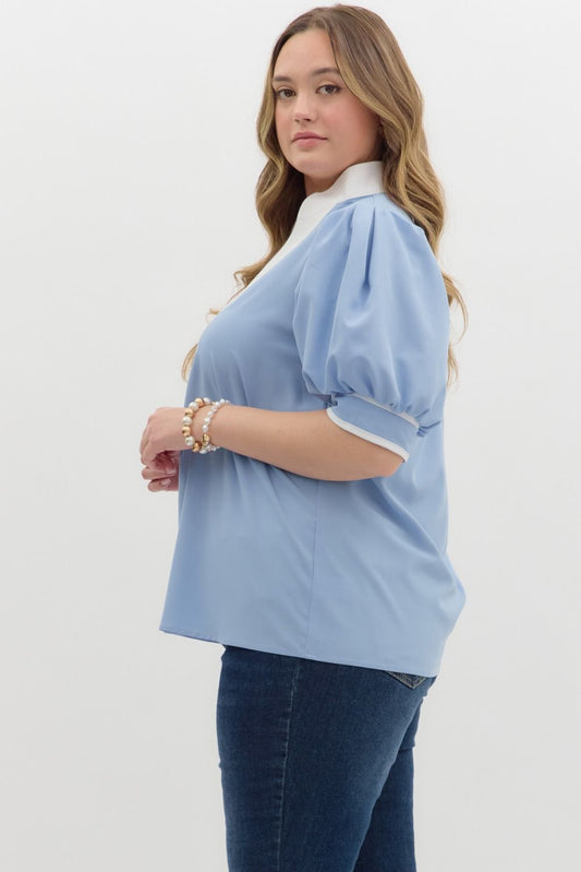 Curvy Valley Girl Puff Sleeve Top - Blue