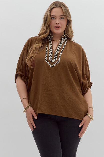Curvy Mocha Muse Leopard Trim Top - Caramel