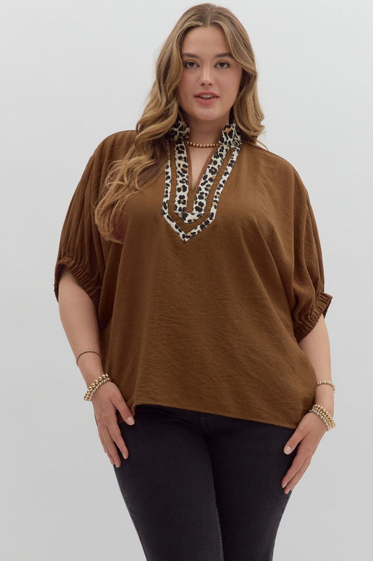 Curvy Mocha Muse Leopard Trim Top - Caramel