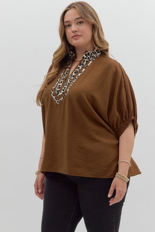 Curvy Mocha Muse Leopard Trim Top - Caramel