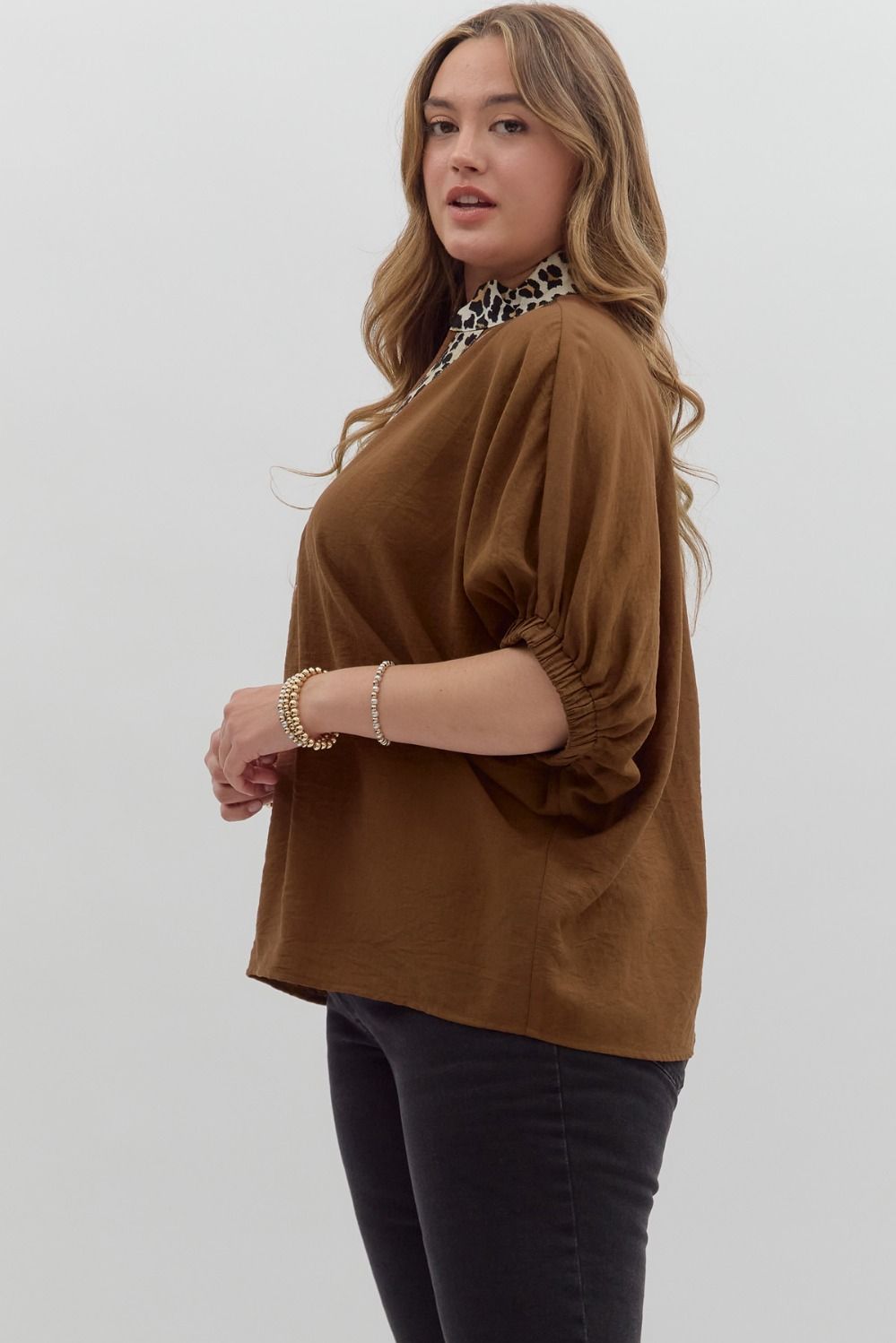 Curvy Mocha Muse Leopard Trim Top - Caramel