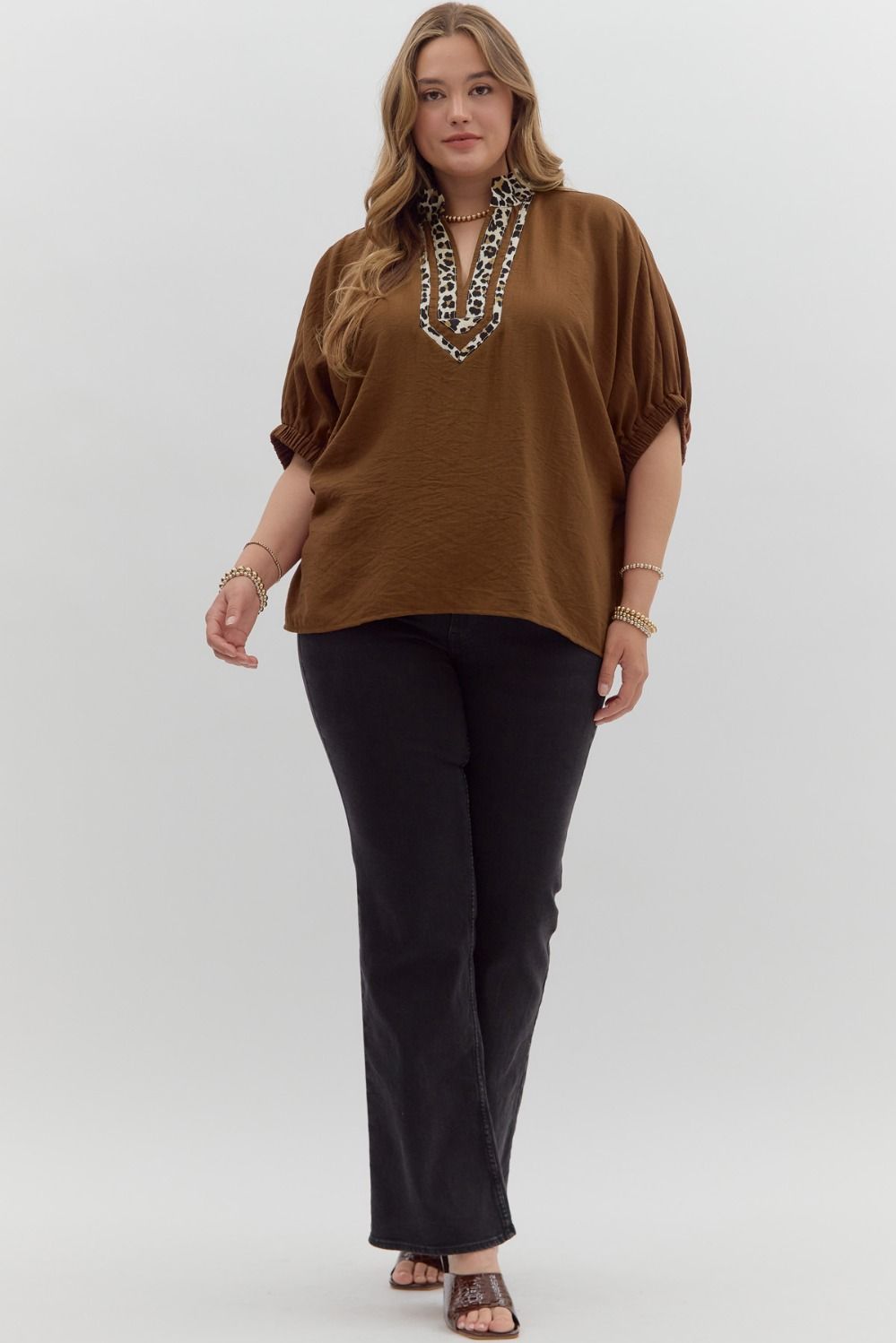 Curvy Mocha Muse Leopard Trim Top - Caramel