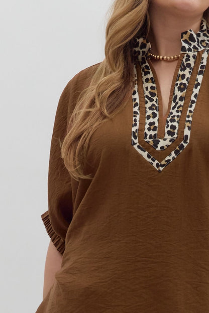 Curvy Mocha Muse Leopard Trim Top - Caramel