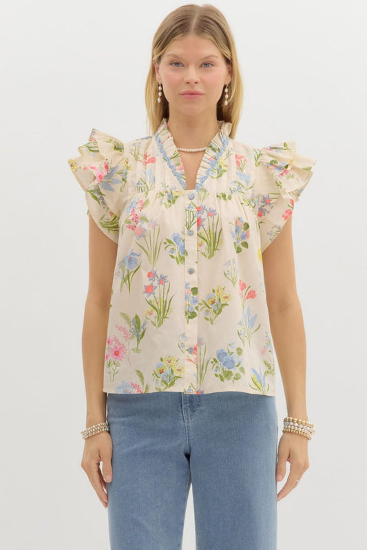 Dreamy Meadows Floral Ruffle Top - Cream