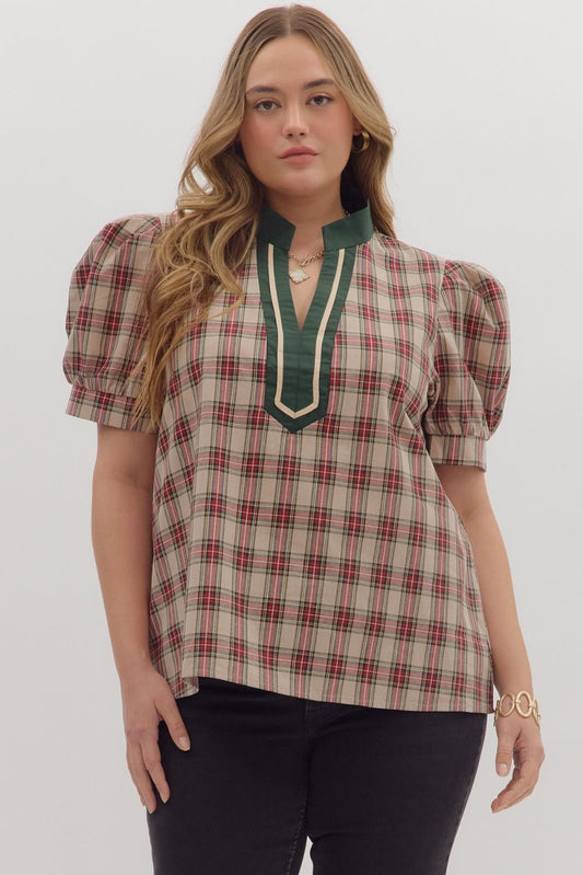 Curvy Pretty In Plaid Caftan Top - Taupe