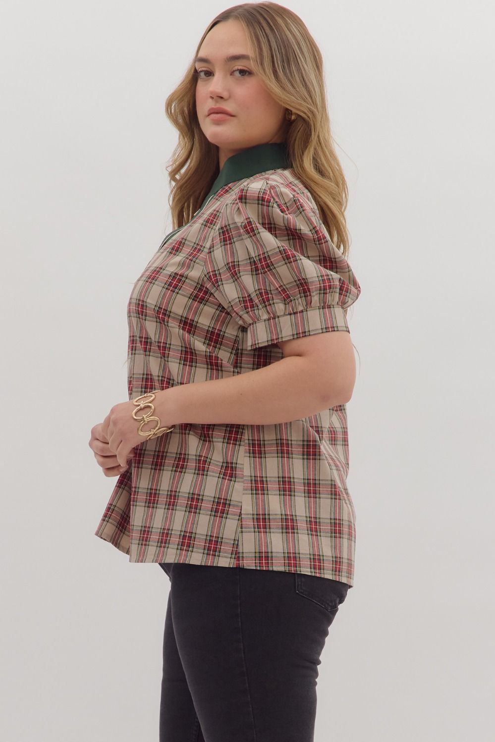 Curvy Pretty In Plaid Caftan Top - Taupe
