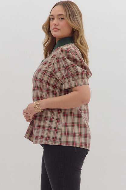 Curvy Pretty In Plaid Caftan Top - Taupe