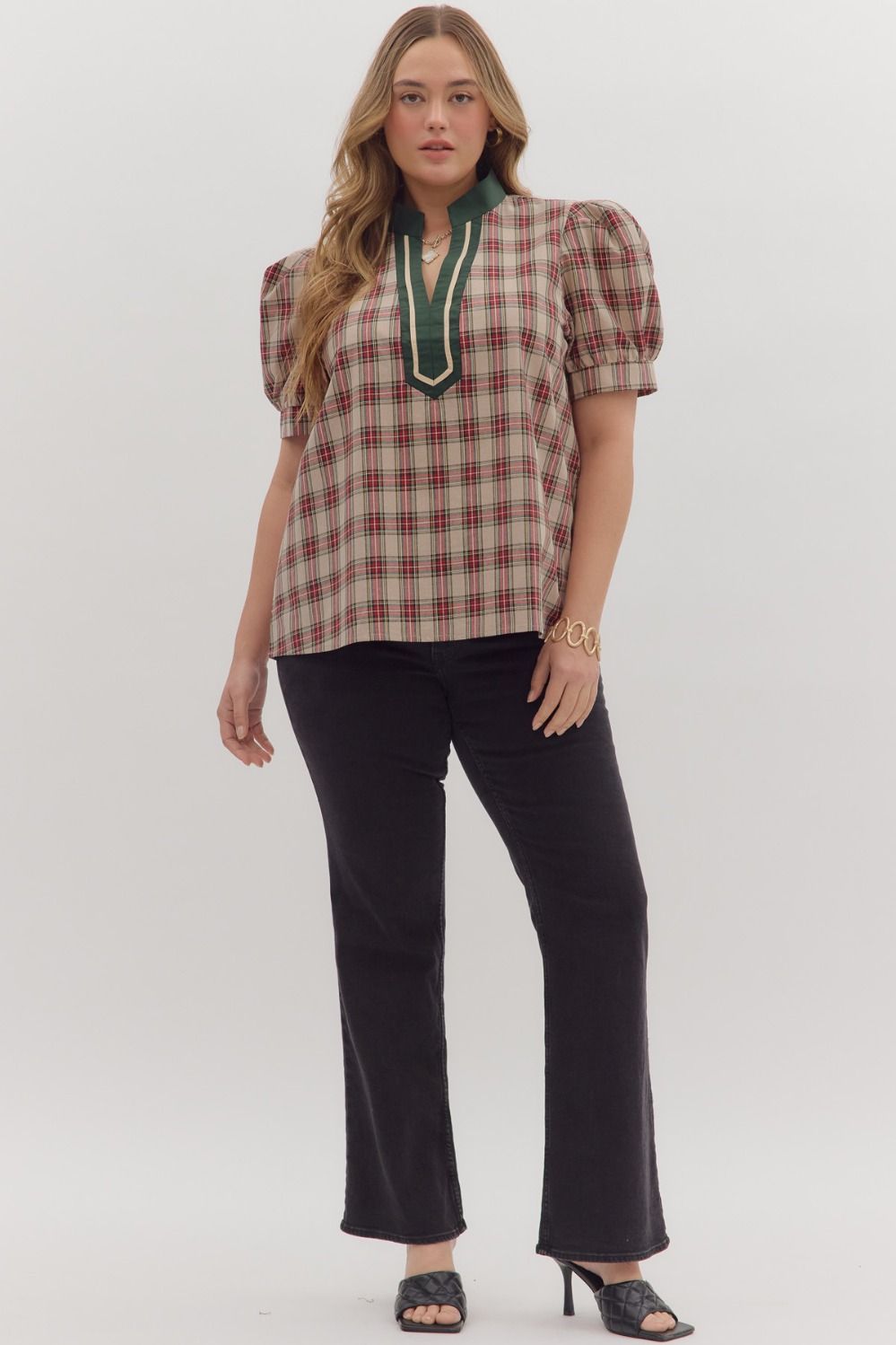 Curvy Pretty In Plaid Caftan Top - Taupe