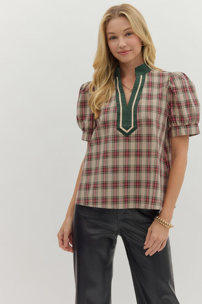 Pretty In Plaid Caftan Top - Taupe