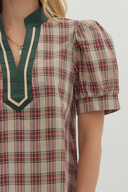 Pretty In Plaid Caftan Top - Taupe