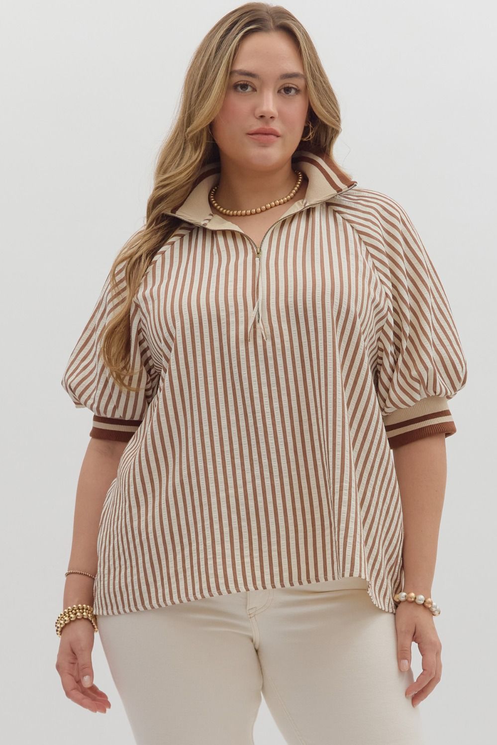 Curvy Courtyard Casual Striped Top - Caramel