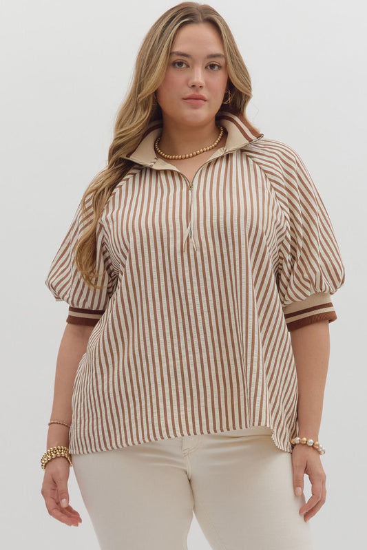 Curvy Courtyard Casual Striped Top - Caramel