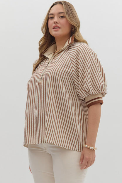 Curvy Courtyard Casual Striped Top - Caramel