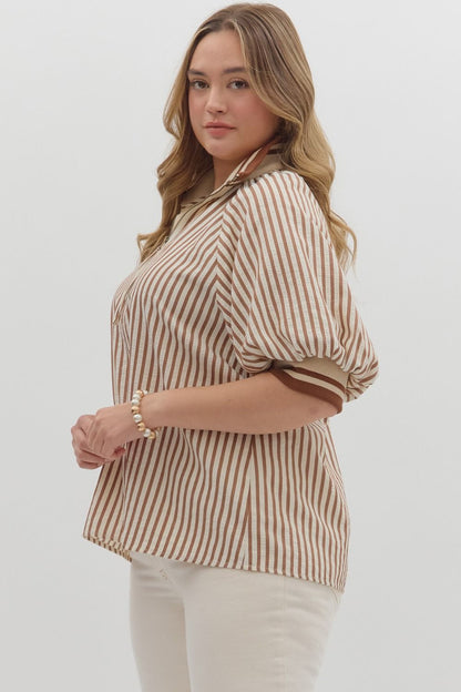 Curvy Courtyard Casual Striped Top - Caramel