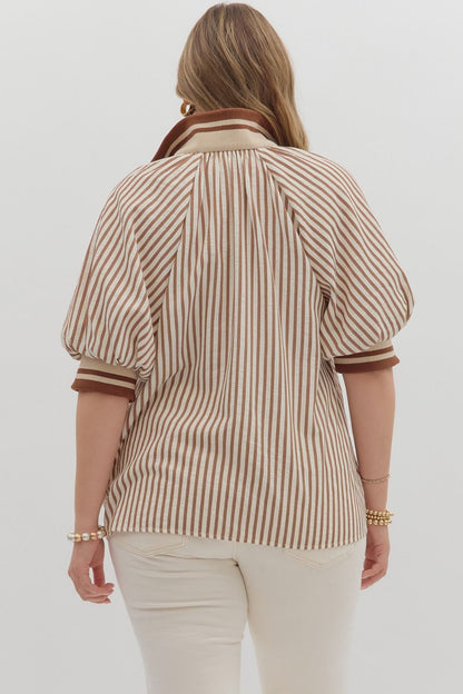 Curvy Courtyard Casual Striped Top - Caramel
